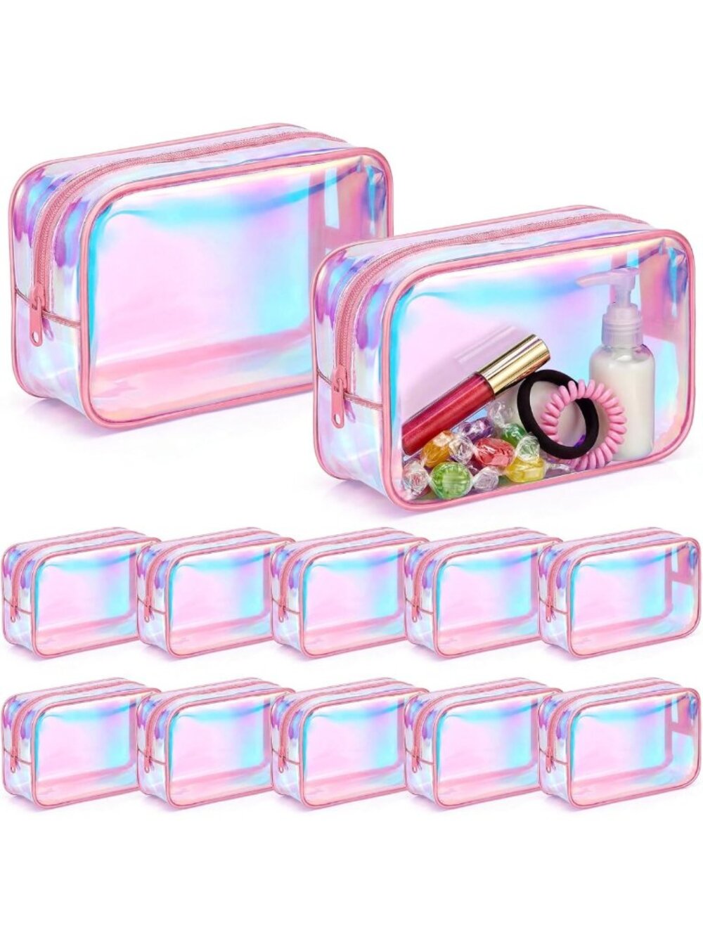 12 Pcs Iridescent Holographic Makeup Bags - Waterproof Travel Cosmetic Pouches
